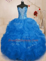 Inexpensive Beading and Ruffles Ball Gown Prom Dress Blue Lace Up Sleeveless Floor Length