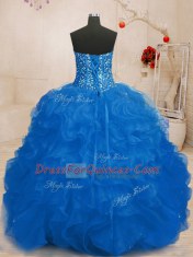 Inexpensive Beading and Ruffles Ball Gown Prom Dress Blue Lace Up Sleeveless Floor Length