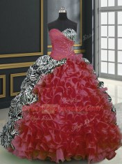 Dramatic Wine Red Ball Gowns Sweetheart Sleeveless Organza and Printed With Brush Train Lace Up Beading and Ruffles and Pattern 15 Quinceanera Dress