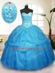 Extravagant Sweetheart Sleeveless Quinceanera Dress Floor Length Sequins and Pick Ups Baby Blue Tulle