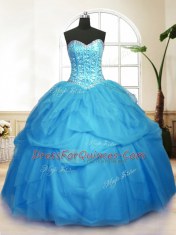 Extravagant Sweetheart Sleeveless Quinceanera Dress Floor Length Sequins and Pick Ups Baby Blue Tulle