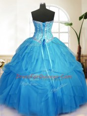 Extravagant Sweetheart Sleeveless Quinceanera Dress Floor Length Sequins and Pick Ups Baby Blue Tulle