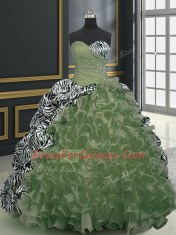 Olive Green Ball Gowns Beading and Ruffles and Pattern 15 Quinceanera Dress Lace Up Organza and Printed Sleeveless With Train