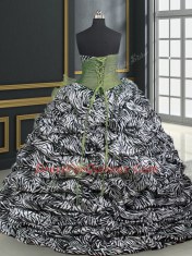Olive Green Ball Gowns Beading and Ruffles and Pattern 15 Quinceanera Dress Lace Up Organza and Printed Sleeveless With Train