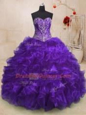 Best Sleeveless Organza With Train Sweep Train Lace Up Sweet 16 Quinceanera Dress in Purple with Beading and Ruffles