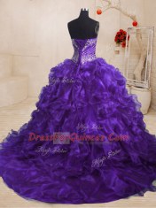 Best Sleeveless Organza With Train Sweep Train Lace Up Sweet 16 Quinceanera Dress in Purple with Beading and Ruffles