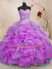 Brush Train Ball Gowns 15 Quinceanera Dress Lilac Sweetheart Organza Sleeveless With Train Lace Up