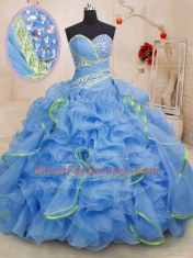 Blue Sweetheart Lace Up Beading and Ruffles Sweet 16 Dress Brush Train Sleeveless