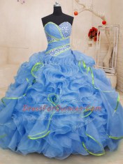 Blue Sweetheart Lace Up Beading and Ruffles Sweet 16 Dress Brush Train Sleeveless