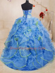 Blue Sweetheart Lace Up Beading and Ruffles Sweet 16 Dress Brush Train Sleeveless