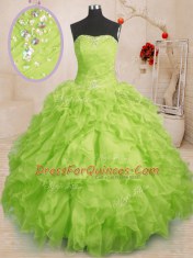 Nice Floor Length Lace Up Quince Ball Gowns Yellow Green for Military Ball and Sweet 16 and Quinceanera with Beading and Ruffles and Ruching