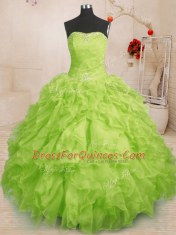 Nice Floor Length Lace Up Quince Ball Gowns Yellow Green for Military Ball and Sweet 16 and Quinceanera with Beading and Ruffles and Ruching
