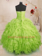 Nice Floor Length Lace Up Quince Ball Gowns Yellow Green for Military Ball and Sweet 16 and Quinceanera with Beading and Ruffles and Ruching