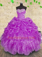 Organza Sweetheart Sleeveless Lace Up Beading and Appliques and Ruffles and Ruching Quinceanera Dress in Purple