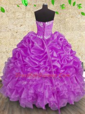 Organza Sweetheart Sleeveless Lace Up Beading and Appliques and Ruffles and Ruching Quinceanera Dress in Purple
