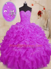 Lovely Purple Ball Gowns Sweetheart Sleeveless Organza Floor Length Lace Up Beading and Ruffles Quinceanera Gowns