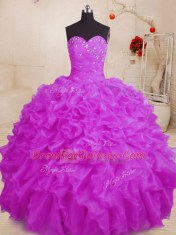 Lovely Purple Ball Gowns Sweetheart Sleeveless Organza Floor Length Lace Up Beading and Ruffles Quinceanera Gowns