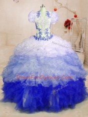 Multi-color Sleeveless With Train Beading and Appliques and Ruffles Lace Up 15th Birthday Dress