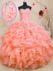 Edgy Sleeveless Floor Length Beading and Ruffles Lace Up Quinceanera Gown with Pink