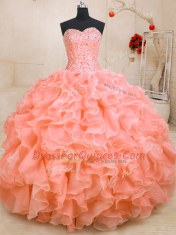 Edgy Sleeveless Floor Length Beading and Ruffles Lace Up Quinceanera Gown with Pink