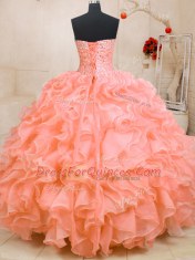 Edgy Sleeveless Floor Length Beading and Ruffles Lace Up Quinceanera Gown with Pink