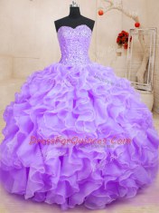 Lavender Ball Gowns Beading and Ruffles Ball Gown Prom Dress Lace Up Organza Sleeveless Floor Length