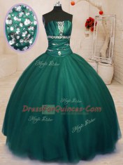 Artistic Strapless Sleeveless Sweet 16 Dresses Floor Length Beading Dark Green Tulle