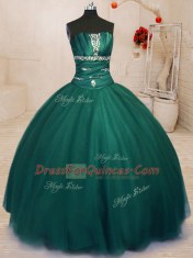 Artistic Strapless Sleeveless Sweet 16 Dresses Floor Length Beading Dark Green Tulle