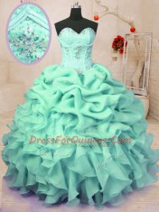 Apple Green Organza Lace Up Sweetheart Sleeveless Floor Length Quince Ball Gowns Beading and Ruffles and Pick Ups