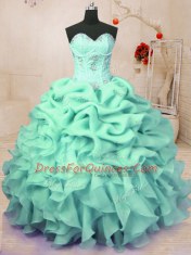 Apple Green Organza Lace Up Sweetheart Sleeveless Floor Length Quince Ball Gowns Beading and Ruffles and Pick Ups