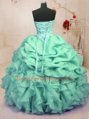 Apple Green Organza Lace Up Sweetheart Sleeveless Floor Length Quince Ball Gowns Beading and Ruffles and Pick Ups