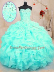 Aqua Blue Ball Gowns Sweetheart Sleeveless Organza Floor Length Lace Up Beading and Ruffles Sweet 16 Quinceanera Dress