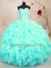 Aqua Blue Ball Gowns Sweetheart Sleeveless Organza Floor Length Lace Up Beading and Ruffles Sweet 16 Quinceanera Dress