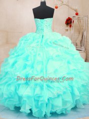 Aqua Blue Ball Gowns Sweetheart Sleeveless Organza Floor Length Lace Up Beading and Ruffles Sweet 16 Quinceanera Dress