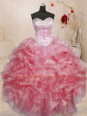 Glamorous Baby Pink Sleeveless Floor Length Beading Lace Up Quinceanera Gowns