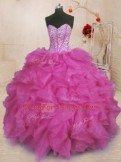 Fuchsia Sweetheart Lace Up Beading and Ruffles Quinceanera Gown Sleeveless
