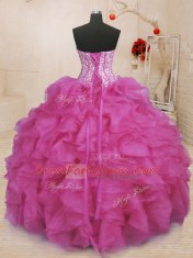 Fuchsia Sweetheart Lace Up Beading and Ruffles Quinceanera Gown Sleeveless