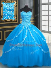 Fabulous With Train Lace Up Ball Gown Prom Dress Aqua Blue for Military Ball and Sweet 16 and Quinceanera with Beading and Appliques Brush Train