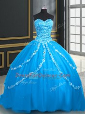 Fabulous With Train Lace Up Ball Gown Prom Dress Aqua Blue for Military Ball and Sweet 16 and Quinceanera with Beading and Appliques Brush Train