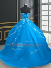 Fabulous With Train Lace Up Ball Gown Prom Dress Aqua Blue for Military Ball and Sweet 16 and Quinceanera with Beading and Appliques Brush Train