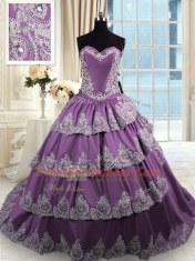 Exceptional Purple Sleeveless With Train Beading and Appliques and Ruffled Layers Lace Up Ball Gown Prom Dress