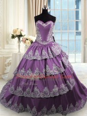 Exceptional Purple Sleeveless With Train Beading and Appliques and Ruffled Layers Lace Up Ball Gown Prom Dress