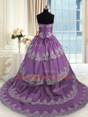 Exceptional Purple Sleeveless With Train Beading and Appliques and Ruffled Layers Lace Up Ball Gown Prom Dress