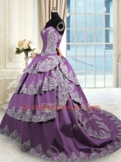 Exceptional Purple Sleeveless With Train Beading and Appliques and Ruffled Layers Lace Up Ball Gown Prom Dress