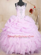 Glamorous Sleeveless Floor Length Beading and Ruffles and Pick Ups Lace Up Quinceanera Gown with Lilac