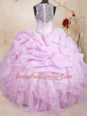 Glamorous Sleeveless Floor Length Beading and Ruffles and Pick Ups Lace Up Quinceanera Gown with Lilac