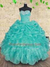 Floor Length Aqua Blue Quinceanera Dress Organza Sleeveless Beading and Ruffles and Ruching