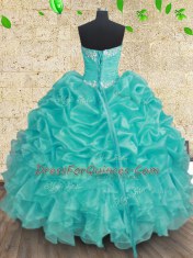 Floor Length Aqua Blue Quinceanera Dress Organza Sleeveless Beading and Ruffles and Ruching