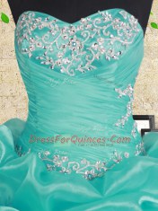 Floor Length Aqua Blue Quinceanera Dress Organza Sleeveless Beading and Ruffles and Ruching