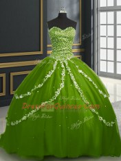 Olive Green Ball Gowns Beading and Appliques Ball Gown Prom Dress Lace Up Tulle Sleeveless With Train